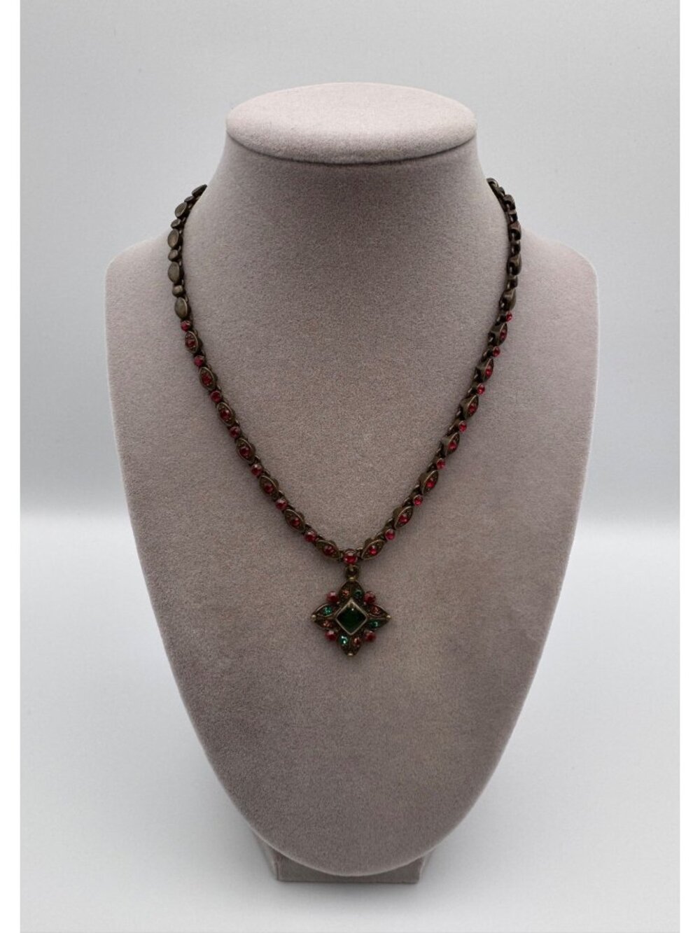 Vintage Byzantine Revival Rhinestone Necklace Red Green Jeweled Pendant 16”